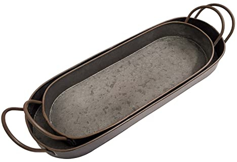 Rustikales Metalldekor, verzinktes Tafelaufsatz, ovales Tablett-Set, 35 x 13 cm, 30 x 12 cm, Shabby-Chic-Stil, Bauernhaus-Stil, 2 Stück