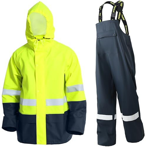 Regenanzug Herren Warnschutz Wasserdicht - PU Regenjacke & Latzhose | Regenbekleidung mit 360° Reflektoren. Ideal für Baustelle, Landwirtschaft, Outdoor