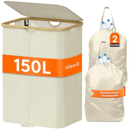 Lifewit 150L Pfandflaschen Sammelbehälter mit 2 Fächern und Deckel, Beige | Großer Leergut Sammelbehälter und Flaschensammler mit Deckel und 2 herausnehmbaren Taschen für Küche und Abstellraum