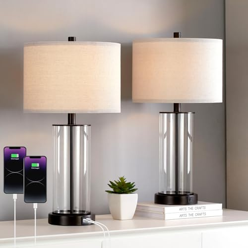 KAWOTI 23'' Clear Glass Table Lamp Set of 2 Bedroom Lamps with USB Ports and AC Outlet Living Room Nightstand Lamp Bulbs Included