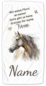 GRAZDesign Handtuch Pferd mit Namen Personalisiert Badetuch, Badehandtuch Kinder 140x70cm | Duschtuch Strandtuch Pferde Mädchen Geschenk Reiten Spruch: Mit einem Pferd an meiner Seite