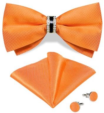 DiBanGu Herren Seide Orange vorgebundene Fliegen mit Ring Orange gebrannt Fliege und Einstecktuch Manschettenknöpfe Set für Smoking Party
