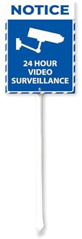 Geroclonup Hinweisschild mit Pfahl, 24 Stunden Videoüberwachung, 59,9 cm hoch, Schild und Pfahl-Set, Schild für Hof, Rasen, Garten, 20,3 x 30,5 cm, Aluminium-Metallschild