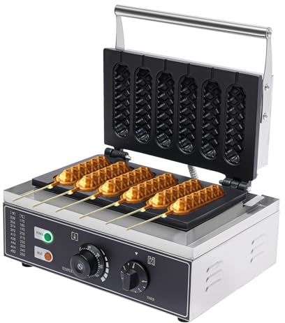 PUDLOR Waffeleosen, 1500W Edelstahl Waffeleisen 6 Waffeln waffeleisen am stiel Antihaftbeschichtung Waffeln Am Stiel Waffelsticks Corn Dogs für Waffeln Am Stiel Waffle Bäckereien, Restaurants