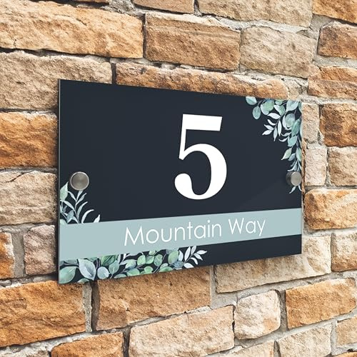Badgemaster Modern Anthracite Grey House Number Sign Plaque Stainless Steel Standoffs 20cm x 13cm Eucalyptus Decoration