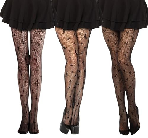 3 Paar Halloween Netzstrumpfhose Schwarz Halloween Strumpfhose Damen Muster Fishnet Stockings Fischnetz Strumpfhose Women Nylon Tights Pattern Elastic High Waist for Halloween Kostüm Accessoires