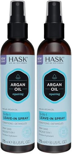 HASK Argan Oil 5-in-1 Leave In Conditioner Spray, repairing for all hair types, colour safe, gluten free, sulfate free, paraben free - 1 175ml Bottle (Pack of 2)