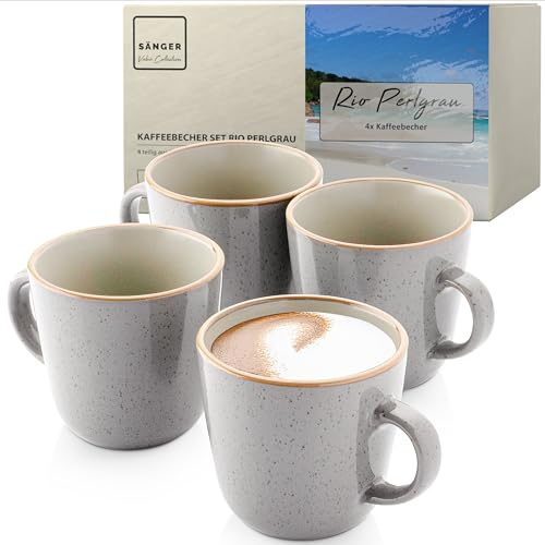 SÄNGER Rio Perlgrau Kaffeebecher 4 teilig, Steingut Tassen Set | für 4 Personen, Tassen multifunktional, spülmaschinen- mikrowellenfest, Teetasse, Kaffeetassen grau 430 ml