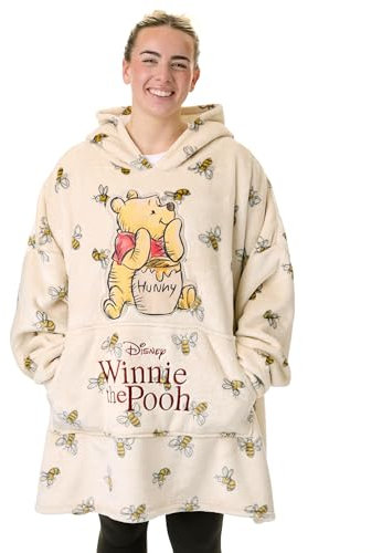 Disney Winnie The Pooh Womens Wearable Blanket Hoodie | Adults Beige Hooded Pullover with Teddy Bear Character and Bumble Bee All Over Print | Ladies One Size Sherpa Lined Loungewear with Pockets