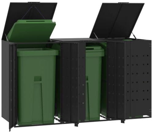 Tidyard Rangement à roulettes pour poubelles pour 3 bacs Noir Acier, Poubelle Cache Conteneur pour Jardin, Pelouse, Terrasse, Extérieur