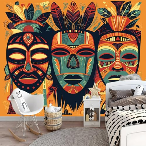 Papier Peint Mural Intissé 250 x 175 cm cm cm Panoramique Image Jaune Maison Chambre Déco Photo Masques tribaux africains Murale Décorative Murales pour Appartement Décoration Salon Bureau