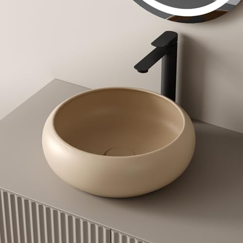 EMKE vasque à poser, Lavabo en Céramique à Poser Rond,360 x 360 x 120 mm, Montage Comptoir,Beige Mat,Vasque de à Poser pour Salle de Bain et WC