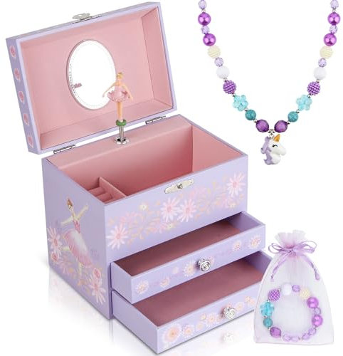 Anyiner Musical Jewellery Box for Girls - Ballerina Music Box with 2 Pullout Drawers, Kids Jewellery Gifts for Girls, Children Birthday Presents for Ages 3-10