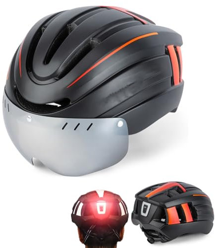 CERFFOOL Casque de vélo avec éclairage de Sécurité LED Casque Vélo VTT avec Visiere Magnétique et Amovible Casque Velo Route Léger Ajustable Casque Vélo pour Accessoires de Vélos Unisexes (noir+rouge)