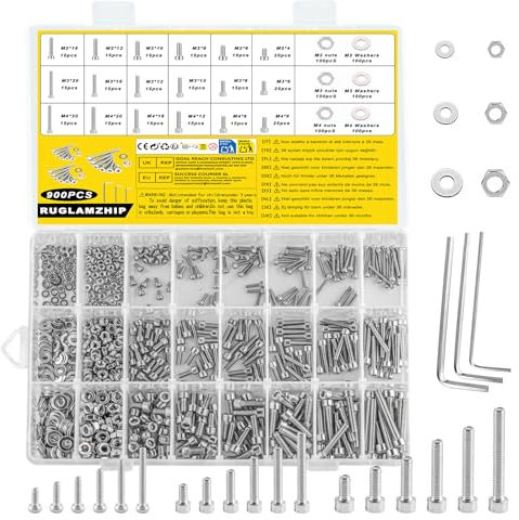 900 Pcs Vis M2 M3 M4, Boulons Vis à Tête Cylindrique à Six Pans Creux et écrous et Rondelles, Visserie Inox, Assortiment Vis à Tête Hexagonale et écrous en Acier Inoxydable, Boulons et Ecrous