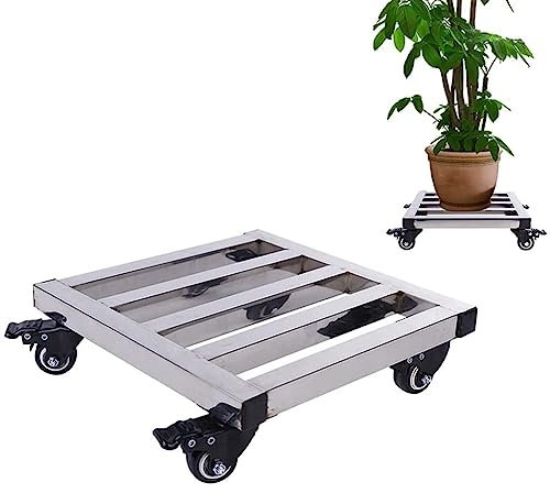 Carrello per piante in acciaio inossidabile resistente con ruote per grandi piante in vaso, quadrato, in metallo, per vasi da fiori da giardino, colore argento, 50 cm