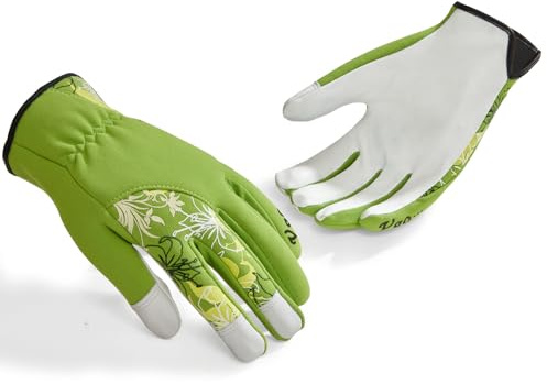 Vgo... 1 Paar Damen Gartenhandschuhe - Premium Ziegenleder Arbeitshandschuhe mit Dornen- & Rutschfestem Griff, Atmungsaktivem Floral Design,Passform für Baumschnitt,Outdoor (1Paar/M/Grün/GA7444-FM)