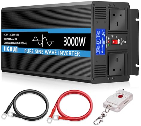 JIGUUN 3000W Inverter 24V 240V Pure Sine Wave | 20A Charger and Mains Priority and UPS Function , 2 UK Sockets, Wireless Remote Control and LCD Display Peak Power 6000W