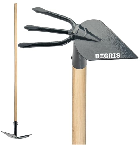 BEGRIS® Herz Hacke aus Metall mit Dreizack Garten und Stiel aus Holz 110 cm, Geschmiedete Hacke zum Lockern und Aufbrechen des Bodens, Gartenhacke zum Ausreißen von Unkraut, 3-Zahn-Gabelhacke