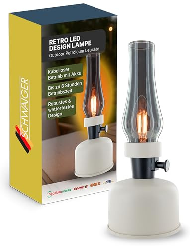 SCHWAIGER Retro LED Lampe im Petroleum Look I Kabellose Tischleuchte mit 2x 2000 mAh Akku I LED Leuchtmittel im Vintage Design mit Dimmer I 8h Leuchtdauer für Garten, Terrasse, Camping & Outdoor