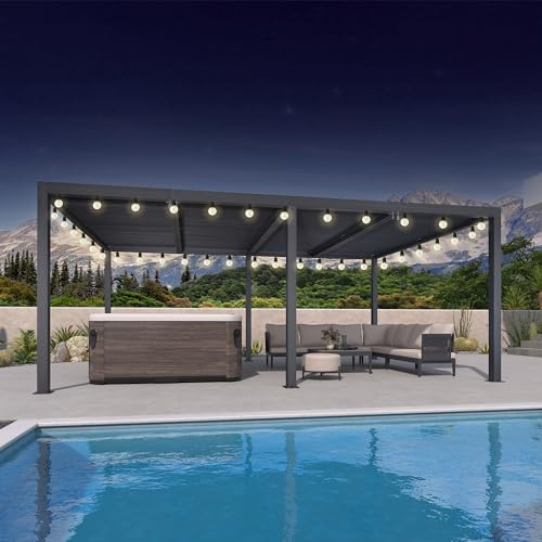 Pergola bioclimatica con stringa di luci da esterno 6 x 3,68 m, in alluminio, regolabile, baldacchino da giardino, 22,08 m², soluzione ombreggiante per patio esterno grigio