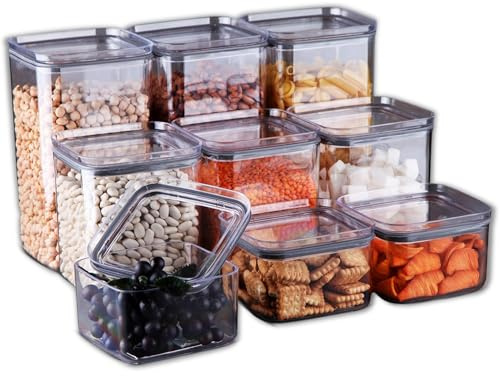 My Happy Home 9-Piece Square Food Storage Container Set | Airtight BPA-Free Plastic Boxes with Sealing Lids | 3x0.5L, 3x1L, 3x1.5L Stackable Clear Containers for Snacks, Fruits, Meal Prep & Pantry