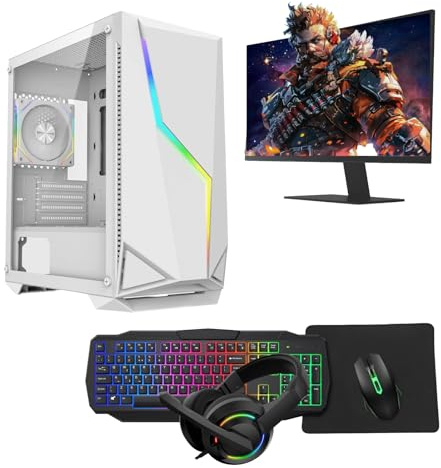 Gaming PC – Intel Core i5, GT710 2GB Graphics, 16GB RAM, 1TB HDD + 128GB SSD, Windows 11 Pro, 22 Monitor, Keyboard, Mouse, Headset – High-Performance Gaming PC Bundle (Luna White)