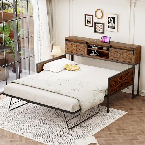 OKMYHOME Bettbank 90 x 200 cm – Einzelbett ausziehbar mit Aufbewahrung, Struktur aus Metall und Holz, ohne Matratze, braun