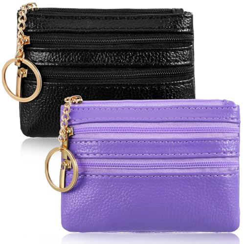 2Pcs Small Coin Purse for Women,Shimmeroo Leather Wallet for Woman Wallet Card Holder with Zip - 3 Compartments & Keychain Small Purses for Women (Black,Purple)