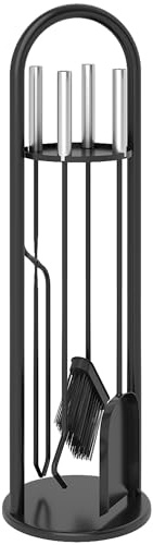 Outsunny Kaminbesteck Set 5 teilig Kaminzubehör mit Besen, Schaufel, Schürhaken Zange Ständer, Kamingarnitur aus Metall, Schwarz