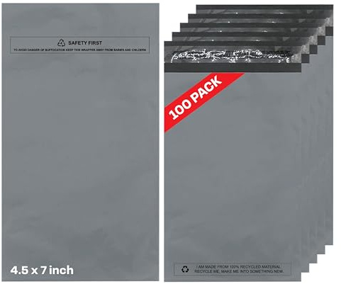 100-pack paketpåsar, portopåsar, postpåsar (4,5 x 7) grå fraktväskor med självförseglingsstängning, vattentäta | manipuleringssäkra förpackningspåsar för post, porto, frakt och leverans