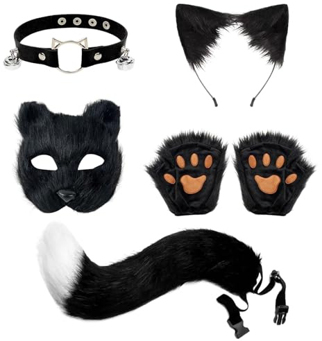 Zouonou Fuchs Kostüm mit Schwanz, Maske, Katzenohren, Handschuhe, Kragen für Cosplay Karneval Halloween