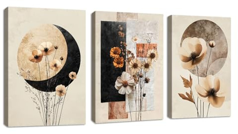 3Pcs Beige Geometrisch Blumen Leinwandbilder Bilder mit Rahmen Botanisch Baumwolle Eukalyptus Blatt Wandbilder Pflanzen Blumen Modern Bild Auf Leinwand Deko für Wohnzimmer Schlafzimmer Küche 30x40cmX3