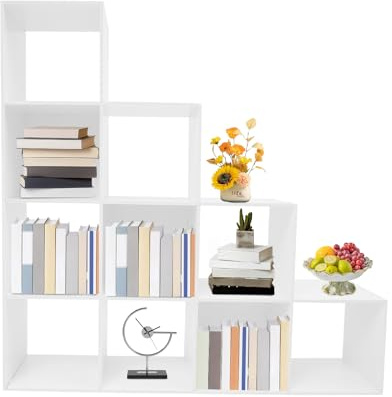 czyuRachel Libreria, mensola divisoria, 10 scomparti aperti, libreria a forma di L, 117 x 28 x 117 cm, scaffale a gradini per soggiorno, studio, ufficio (bianco)