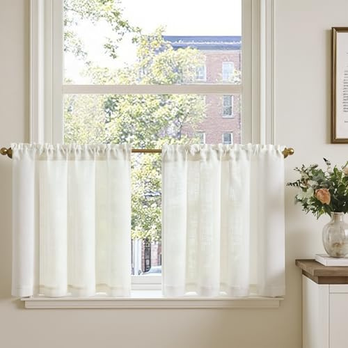 TOPICK Bistrogardin för vardagsrum, modernt kök, set om 1, H 60 x 90 cm, fönstergardiner, linneutseende, små fönster, ljusgenomsläppliga, köksgardiner, korta gardiner, lantställe, stångstång, krämvit
