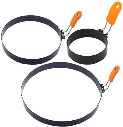 BAZEITFLOW Anillos para Freír Huevos de Acero Inoxidable 3 Piezas (4, 6 y 8) Mango de Silicona Naranja, Molde Antiadherente para Tortillas y Panqueques, Utensilios de Cocina para Desayuno