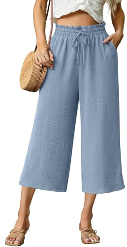 QIXING Women's Cropped Capri Trousers 3/4 Length High Waisted Wide Leg Summer Lounge Pants with Pockets Adjustable Drawstring