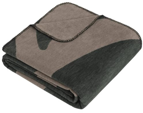 Ibena Decke Lipari 140x200 cm grau, Made in Germany - Bio Baumwolldecke | flauschige, warme & waschbare Kuscheldecke, Sofadecke grau & braun mit grafischem Muster, Wolldecke Oeko-TEX zertifiziert
