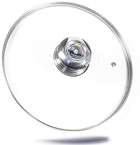 Kerafactum Topfdeckel Deckel aus Glas mit Thermometer im Griff Universaldeckel für Topf und Pfanne Qualitätsglas Glasdeckel und Dampfloch mit Rand Edelstahl 18 cm Garthermometer Temperatur Garen