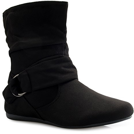 Olivia K Womens Low Heel Slouch Suede Slip On Casual Ankle Boots with Ring Buckle and Side Zipper Black Size: 6 UK