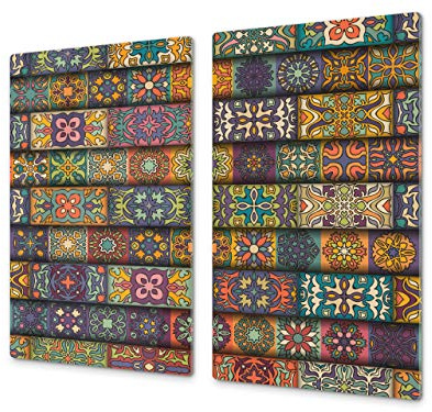 Chopping Board - Induction Cooktop Cover - Glass Cutting Board; Measures: Single: 23,62” x 20,47”; Double: 11,81” x 20,47”; D14 Patterns and Mandalas Series: Tiles 3