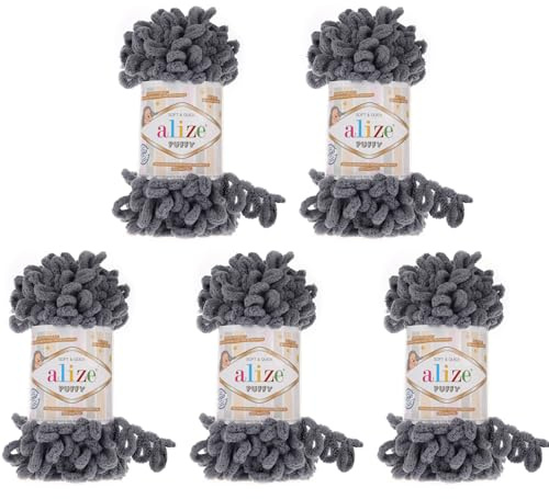 Alize Puffy 5 x 100 Gramm Strickwolle, 500 Gramm Fingerstrick - Wolle super Bulky, Schlaufenwolle, Stricken ohne Nadel (grau 87)