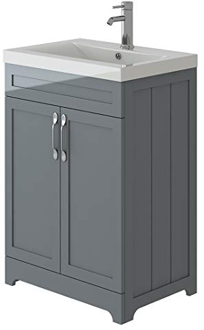 VeeBath Carlton Traditional Victorian Style Light Grey Twin Door Vanity Basin Cabinet Furniture Unit & Basin - 600mm