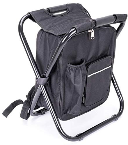 Nexos Trading Campinghocker mit Tasche schwarz, klappbar tragbar Sitzruckrack, Picknicktasche leicht stabil Angelhocker Rucksackstuhl 42x36x29 cm Kühltasche 1,8L Hocker (Farbe wählbar) (Schwarz)