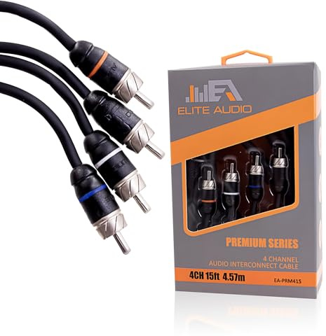 Elite Audio Premium Series 15ft. 4-Channel Car Audio RCA Cable – Double Shielded, Oxygen Free Copper, Noise Reducing Audio Cable for Amplifiers, Subwoofers, Speakers, and Processors – PRM415
