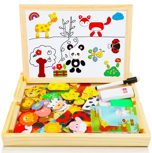COOLJOY 3 4 5 6 7 8Year Old Boys Girls Gifts 100+ PCS Wooden Magnetic Puzzle, Cute Pets Pattern Games Double Sided Jigsaw, Educational Drawing Easel Blackboard Wood Toys Imagination