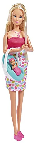 Simba 105733480 - Steffi Love Babyglück, Schwangere Puppe mit Baby und tollen Sounds, Babyzubehör und Babyschale