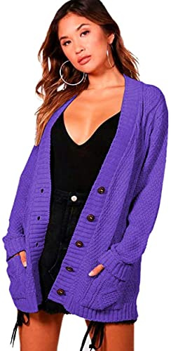 STAR FASHION Women’s Grandad Cardigan Chunky Cable Knit 5 Button Up Jumper with Pockets Long Sleeve Open Front Winter Sweater Ladies Warm Knitwear Purple-12-14