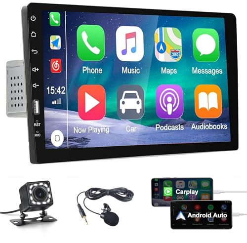 CAMECHO Single Din Apple Carplay Car Stereo with Android Auto, 9 HD Touchscreen Bluetooth Supports FM Mirror Link SWC,Car Audio Receivers with Backup Camera/External Mic/USB