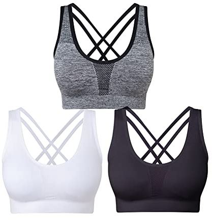 SEGRILA Reggiseni Sportivi da Donna, Confezione da 3 Reggiseni da Yoga Incrociati con Supporto Medio, Reggiseni da Allenamento con Cuscinetti Rimovibili, Nero, Bianco e Grigio., S